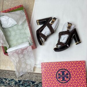 Tory Burch Snakeskin Heels with Gold Accents